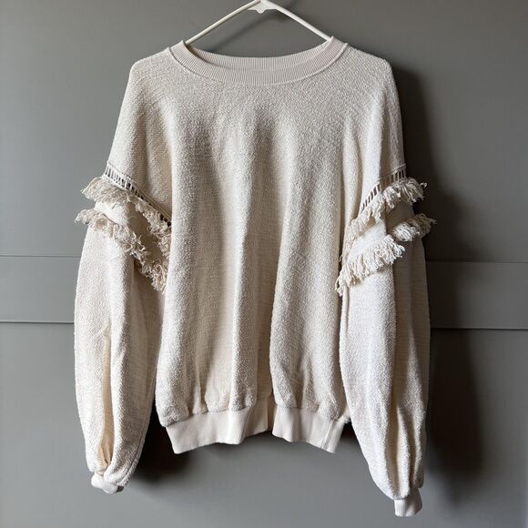 Ulla Johnson Sweater Womens Small Fringe Sleeve Pullover Textured Boho Neutral - Picture 1 of 15